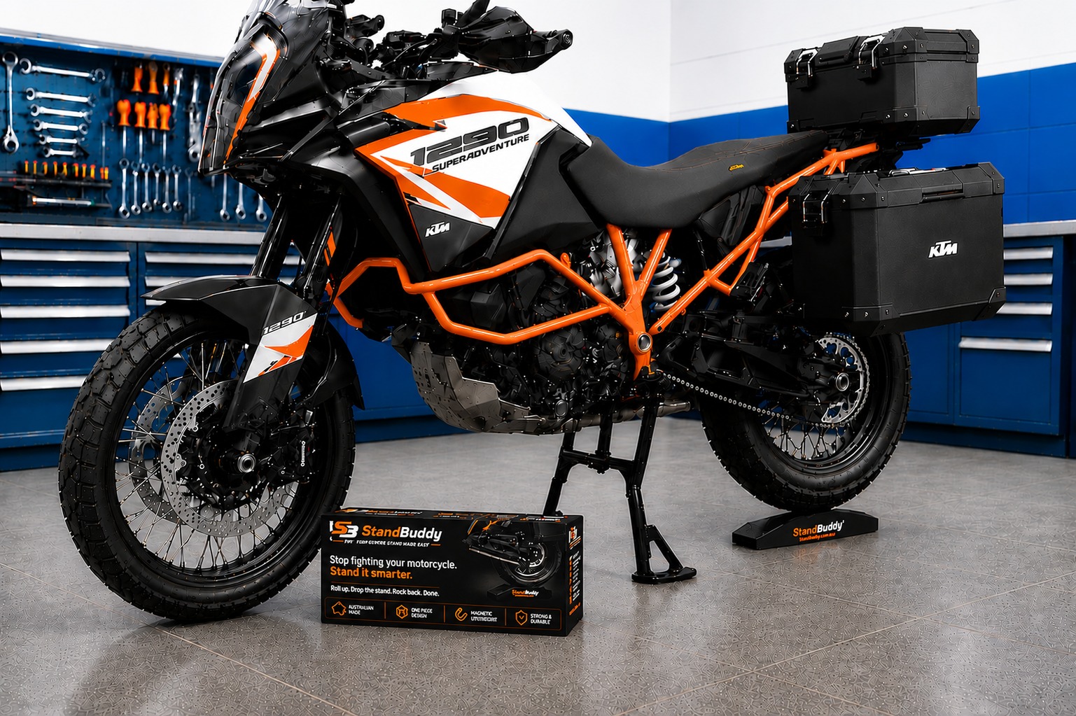 KTM 1290 motorcycle positioned on StandBuddy
